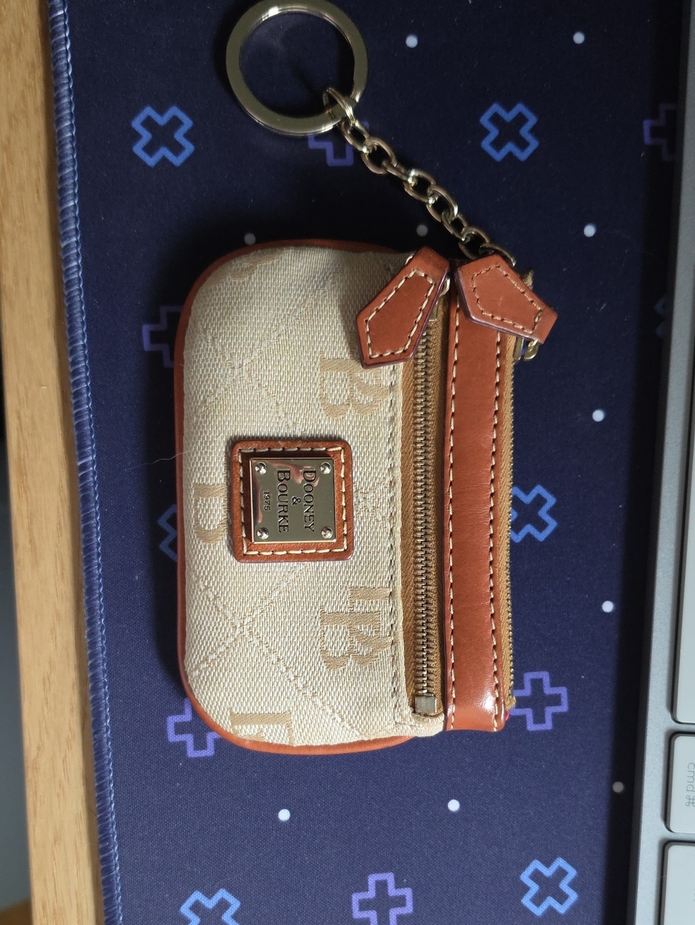 Dooney & Bourke Cream Canvas Logo Key Pouch with Brown Trim